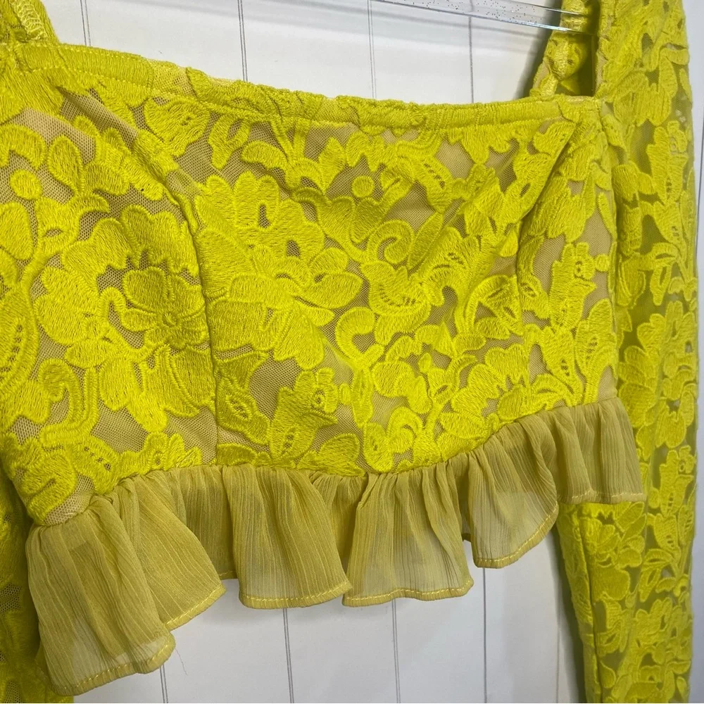 Anthropologie Endless Rose Yellow Citron Lace Crop Chiffon Ruffle Top Fem Chic S - Picture 3 of 5
